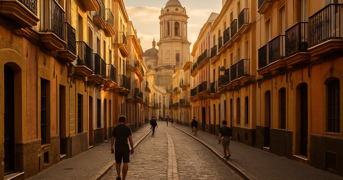 Casco antiguo de Cádiz al atardecer con calles empedradas.