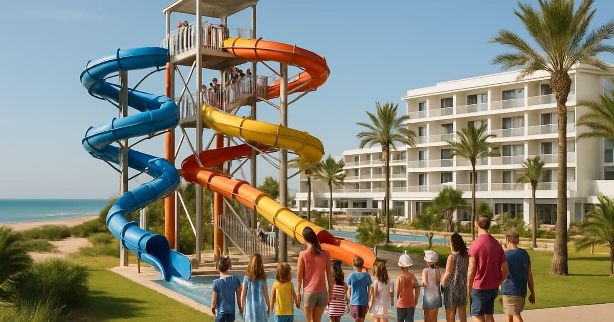 Hotel con toboganes acuáticos, niños jugando, arena y palmeras.