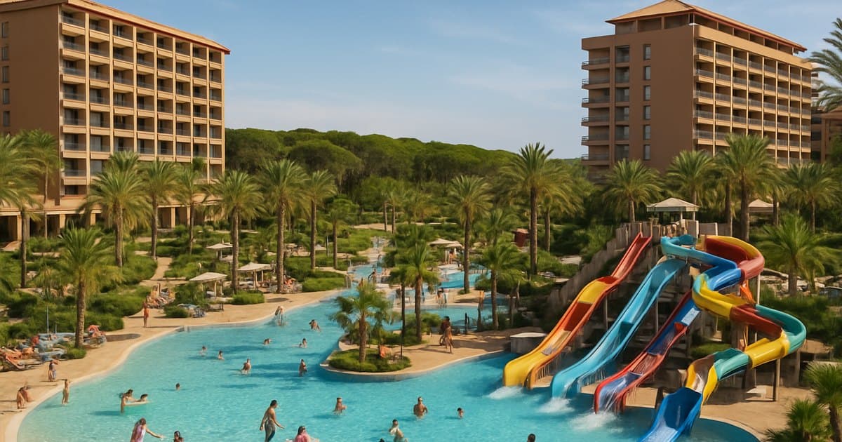 Resort con parque acuático lleno de niños, piscinas, toboganes y palmeras.