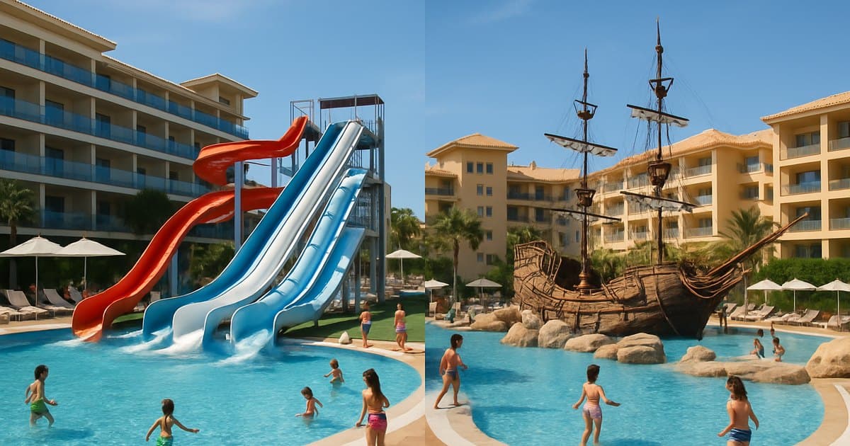 Dos hoteles de Costa Ballena: uno con toboganes, otro con barco pirata.