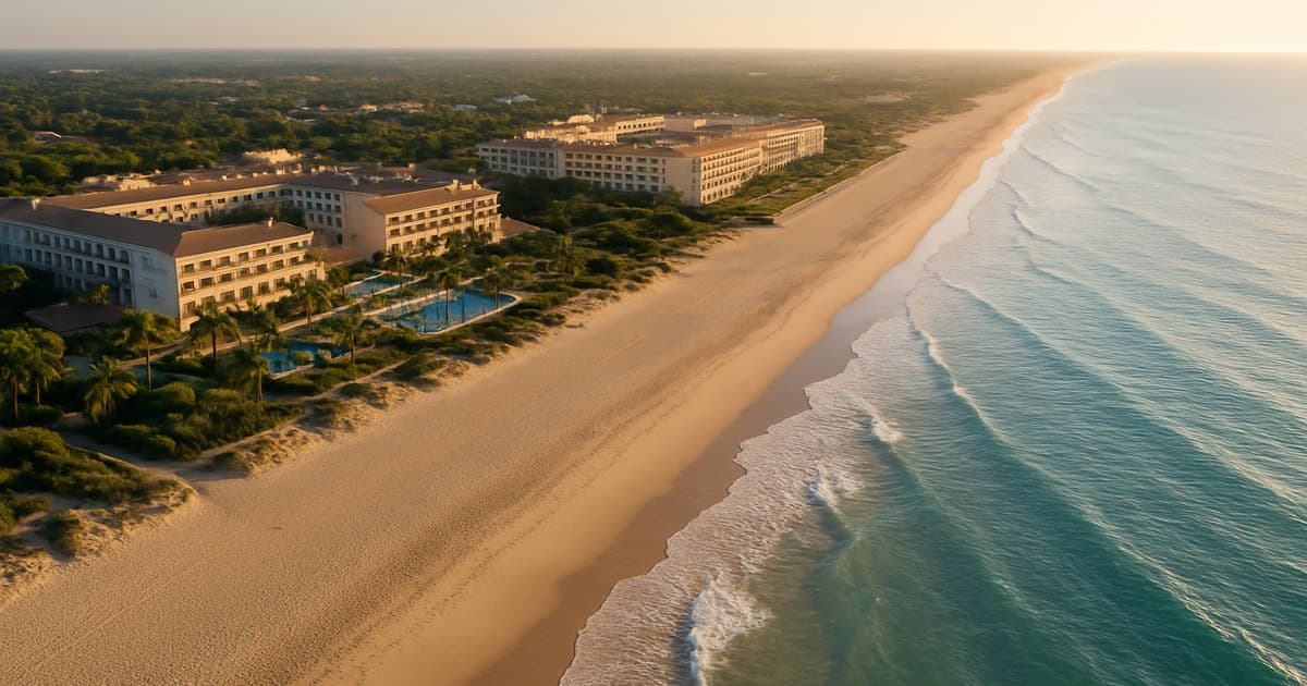 Vista aérea de La Barrosa con dos grandes hoteles todo incluido frente a mar.