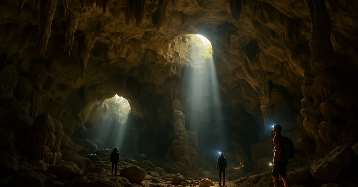 Interior de una cueva con formaciones rocosas en la costa.