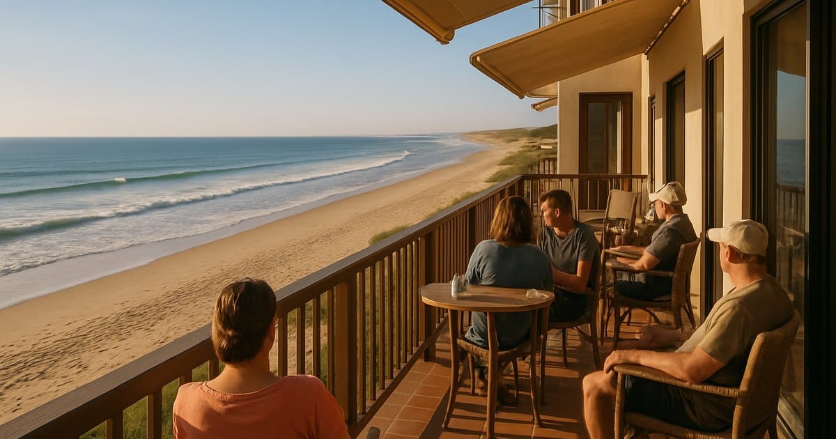 Terraza de hotel con arena de playa a pocos metros de distancia.