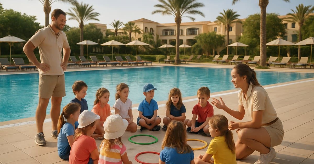 Monitores supervisando actividades organizadas de niños en miniclub de resort.