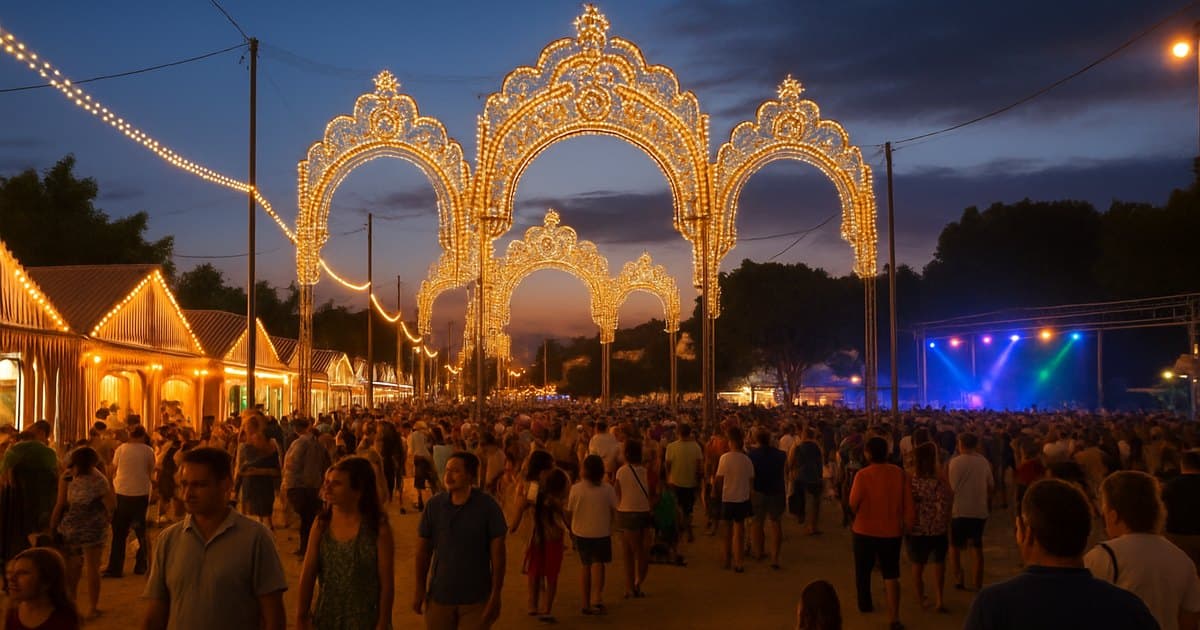 Feria de las Colombinas de Huelva con luces, casetas y ambiente familiar.