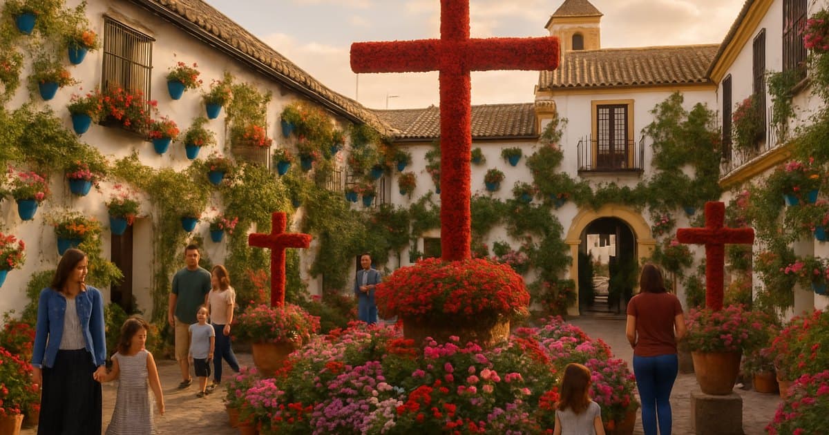 Patio cordobés tradicional con cruces de mayo y flores en primavera.