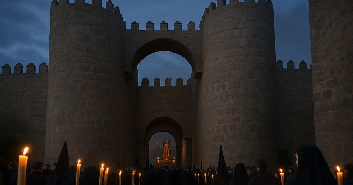 Muralla medieval de Ávila al atardecer con procesión de Semana Santa.