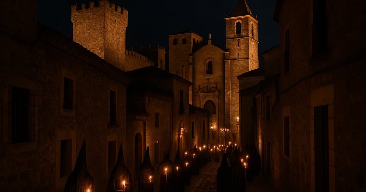 Procesión nocturna en ciudad medieval de Cáceres iluminada por cirios.
