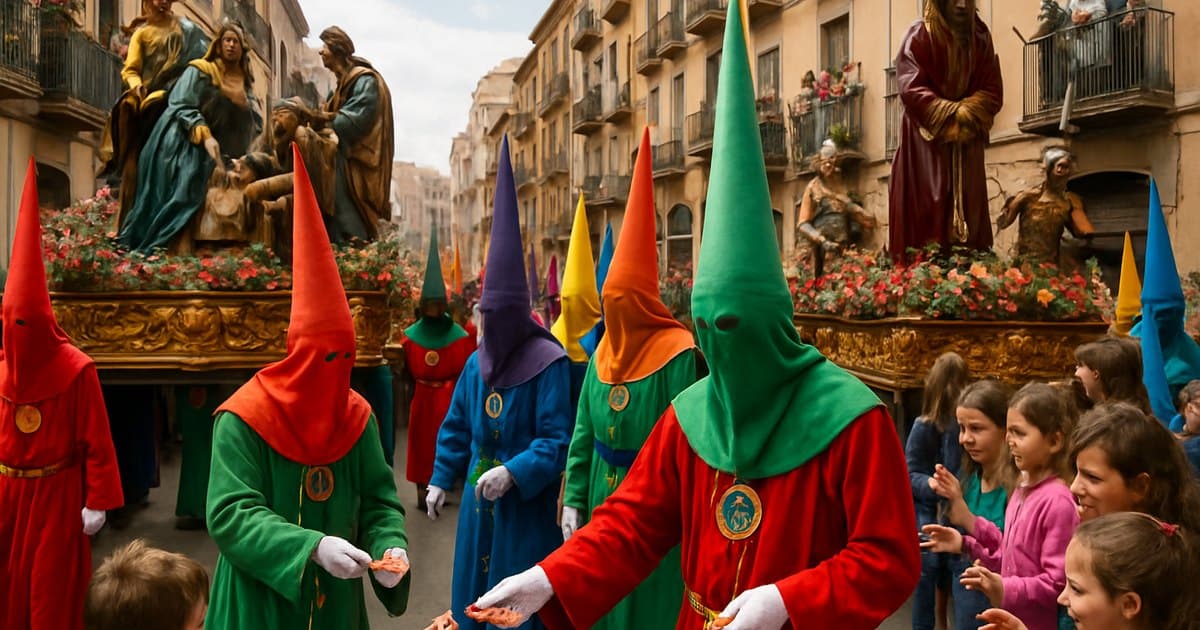 Procesión colorida de Murcia con nazarenos repartiendo caramelos a niños.