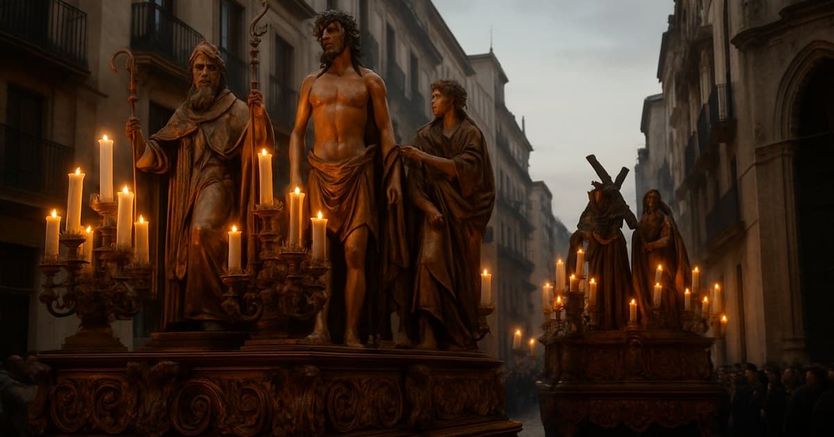 Tallas barrocas de museo en procesión de Valladolid iluminadas.