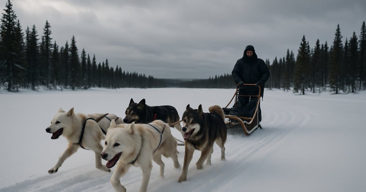 Trineo tirado por perros huskies cruzando nieve de Laponia.