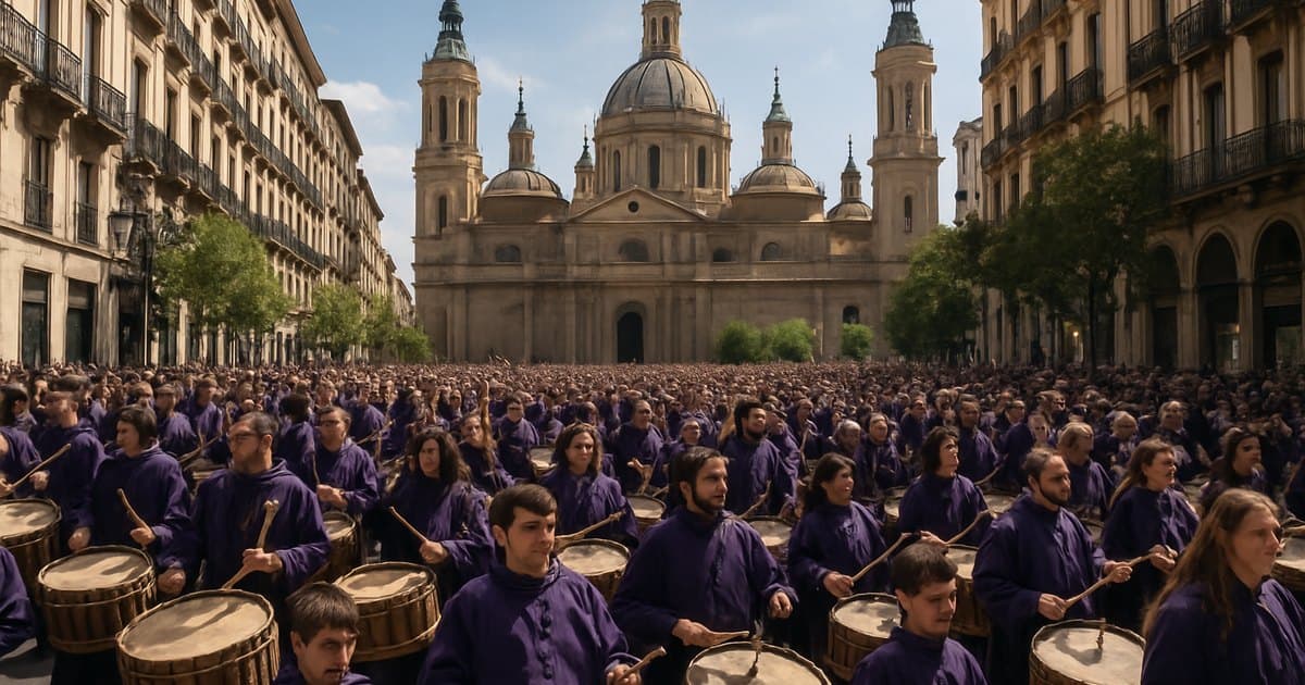 Multitud tocando tambores en la Semana Santa de Zaragoza.
