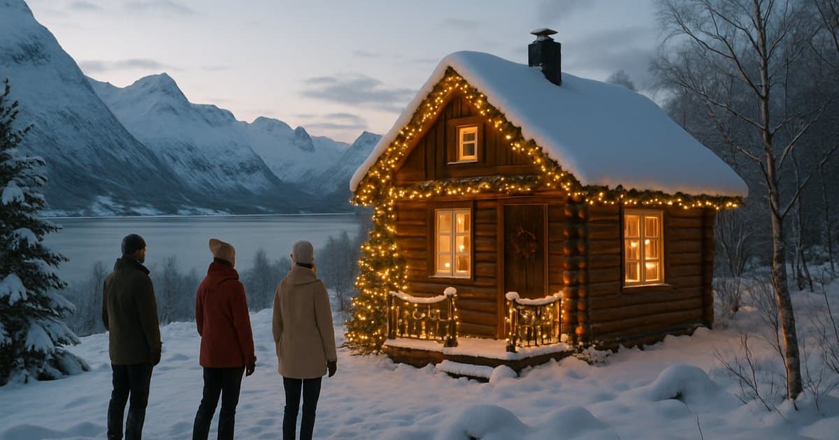Cabaña decorada en bosque nevado durante período navideño.