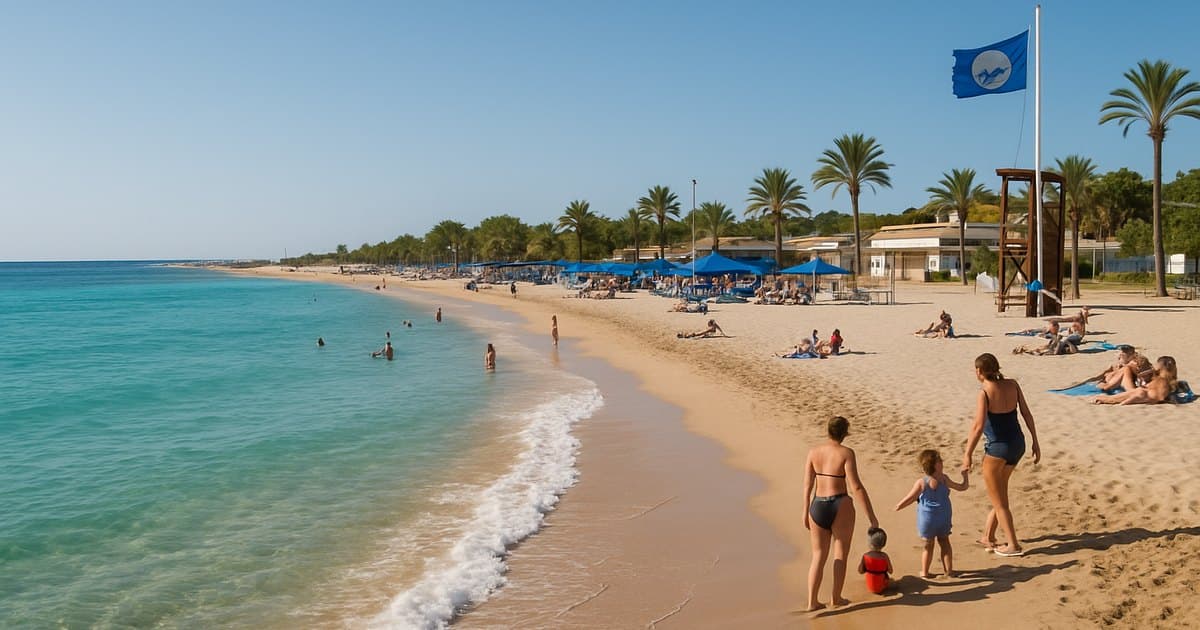Playa limpia y bien cuidada con bandera azul izando.