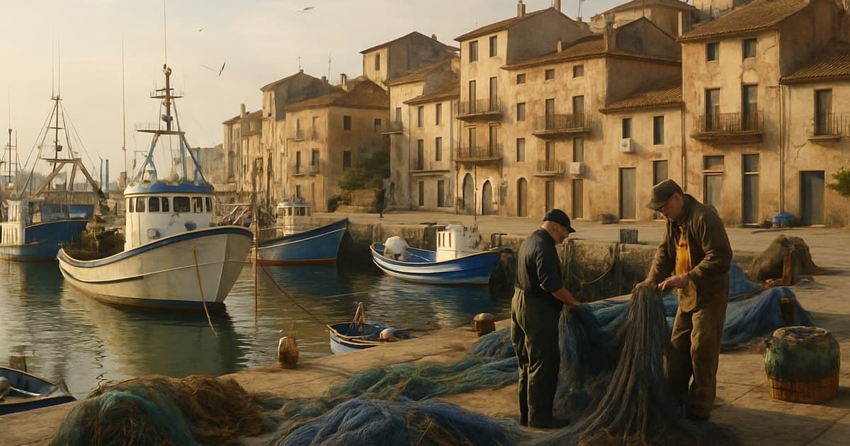 Pueblo pesquero español con barcos y redes en puerto.
