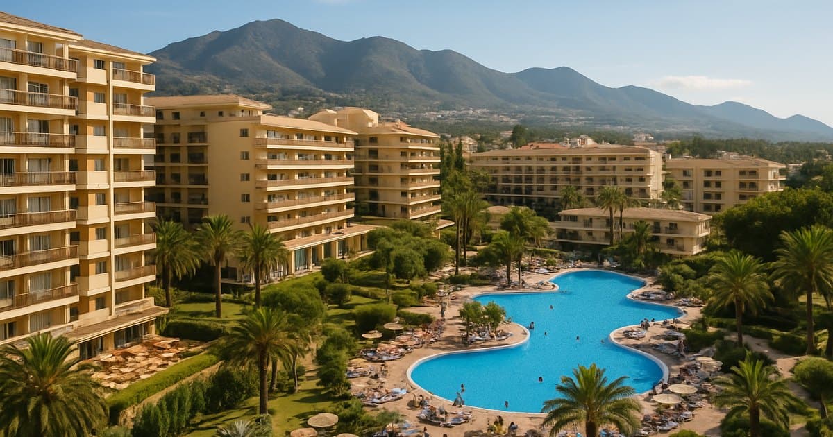 Complejo de varios hoteles conectados con piscinas y áreas comunes.