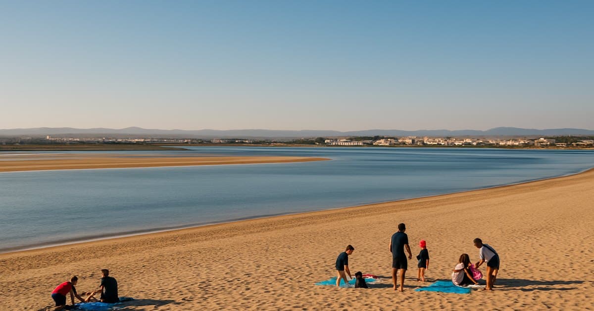 Playa muy ancha de Isla Canela con aguas tranquilas y Portugal al fondo.