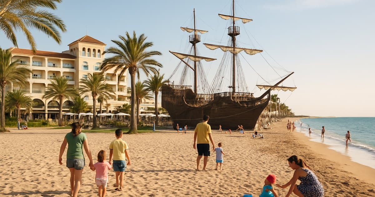 Hotel en Chipiona con barco pirata, niños jugando, playa al fondo.