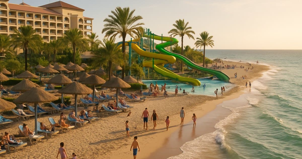 Playaballena con playa bonita, toboganes activos, piscinas y bañistas.