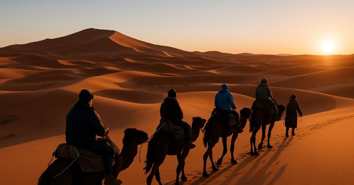 Viajeros en camello por las dunas del Sáhara marroquí en invierno