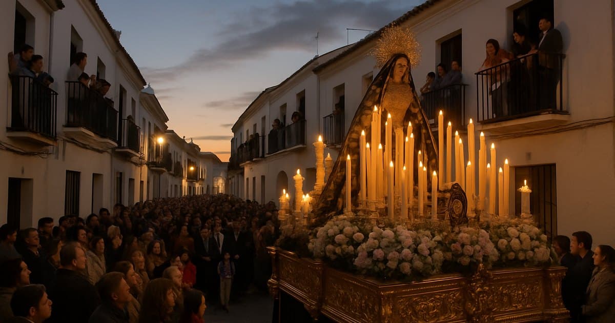 Paso de Semana Santa iluminado con velas por una calle blanca de Huelva