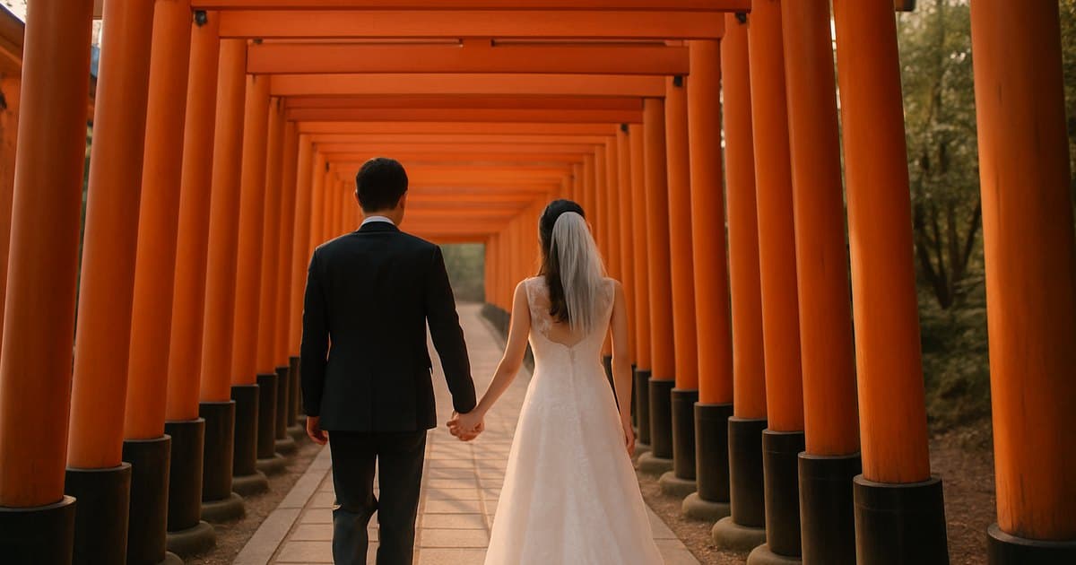 Pareja de recién casados paseando entre los torii rojos de Fushimi Inari, en Kioto