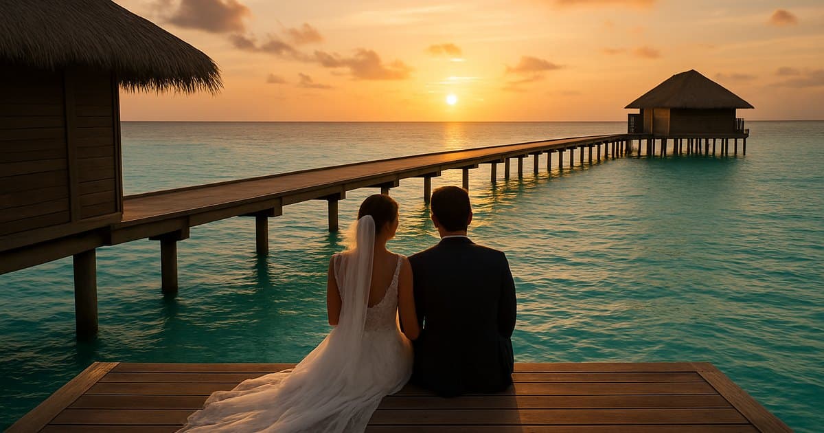 Pareja de recién casados en el embarcadero de una villa sobre el agua en Maldivas al atardecer