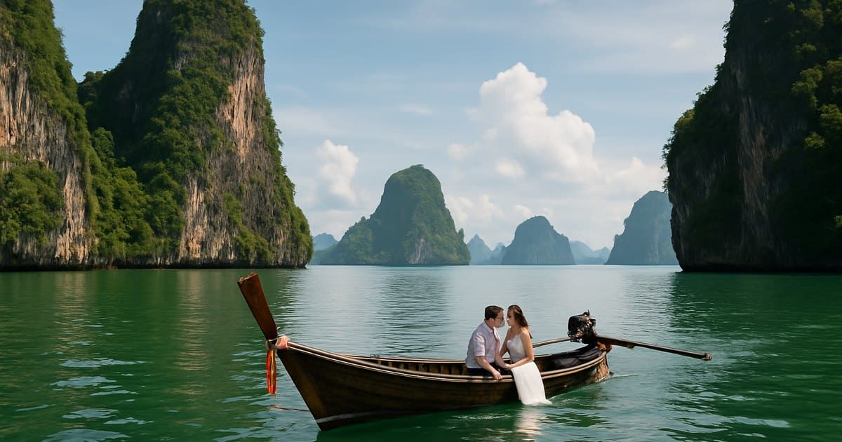 Pareja en una barca de cola larga entre los islotes de la bahía de Phang Nga, en Tailandia