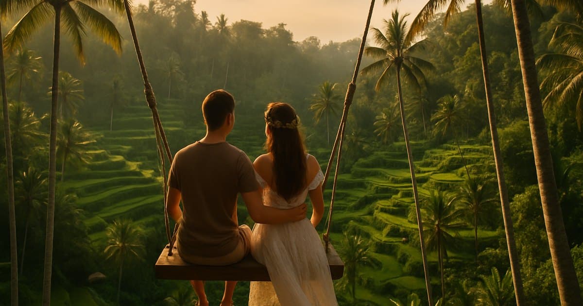 Pareja en un columpio sobre los arrozales en terraza de Tegallalang, en Bali