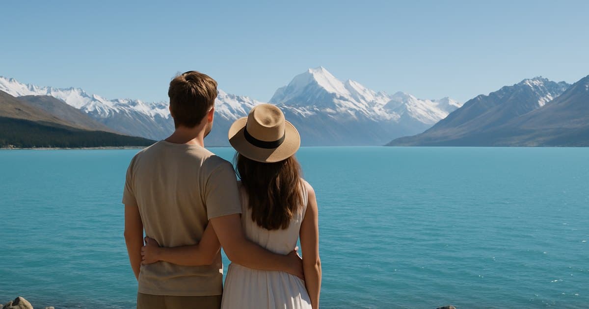 Pareja frente al lago Pukaki con el monte Cook nevado al fondo, en Nueva Zelanda