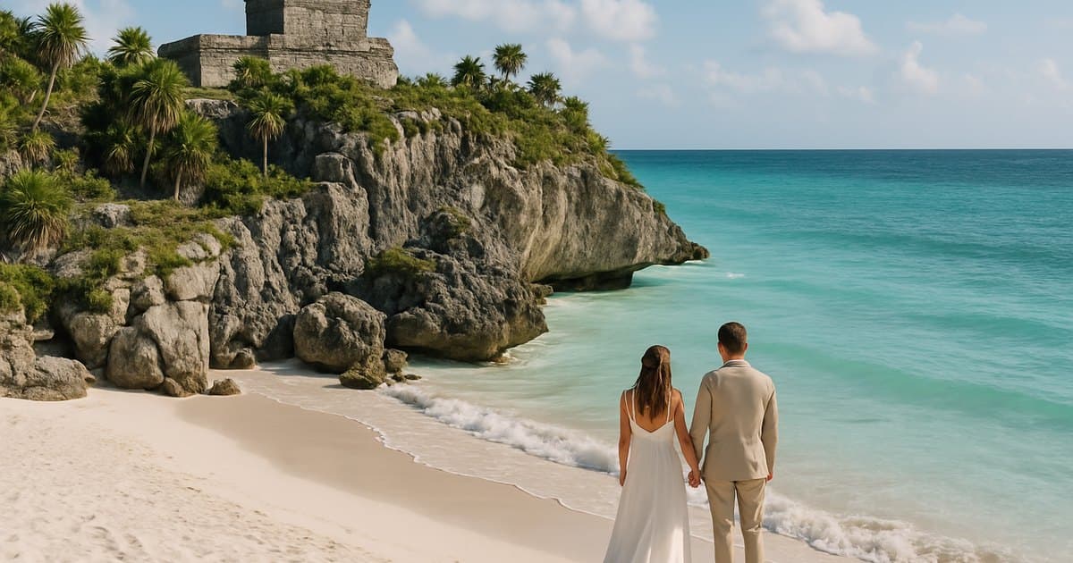Pareja de recién casados en la playa bajo las ruinas mayas de Tulum, en la Riviera Maya