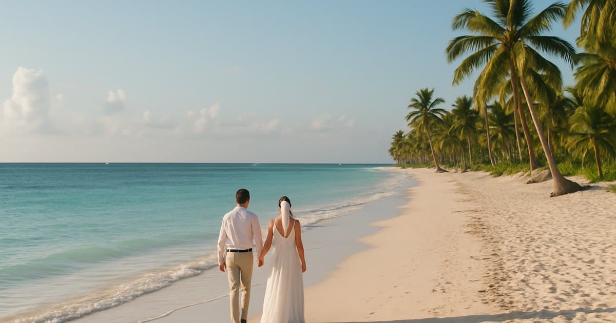 Pareja de recién casados paseando por una playa con palmeras en Bávaro, Punta Cana