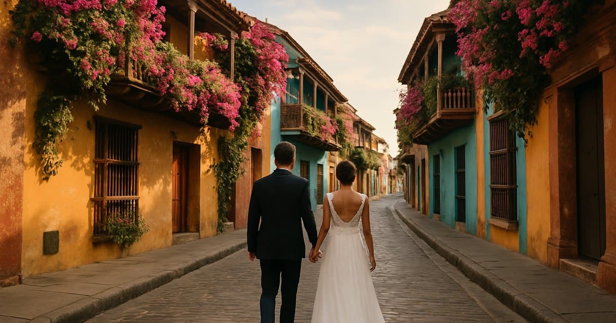 Pareja de recién casados en una calle colonial con balcones de buganvillas en Cartagena de Indias