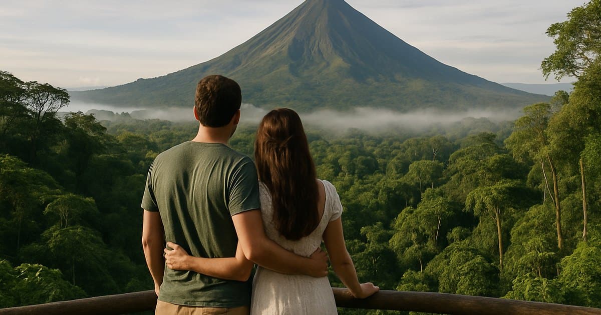 Pareja en un mirador de la selva frente al volcán Arenal, en Costa Rica