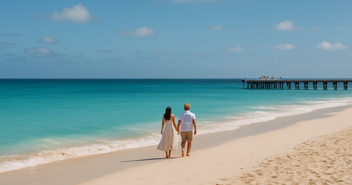 Pareja paseando por la playa de Santa María, en la isla de Sal, Cabo Verde
