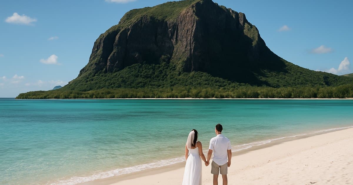 Pareja de recién casados en una playa de isla Mauricio con la montaña Le Morne al fondo