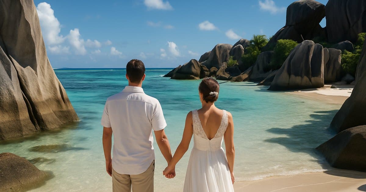 Pareja de recién casados entre las rocas de granito de Anse Source d’Argent, en La Digue, Seychelles
