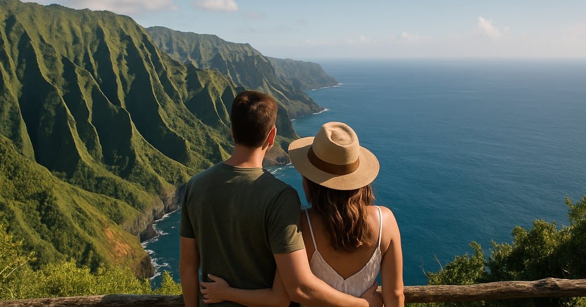 Pareja en un mirador sobre los acantilados de la costa Na Pali, en Kauai, Hawái