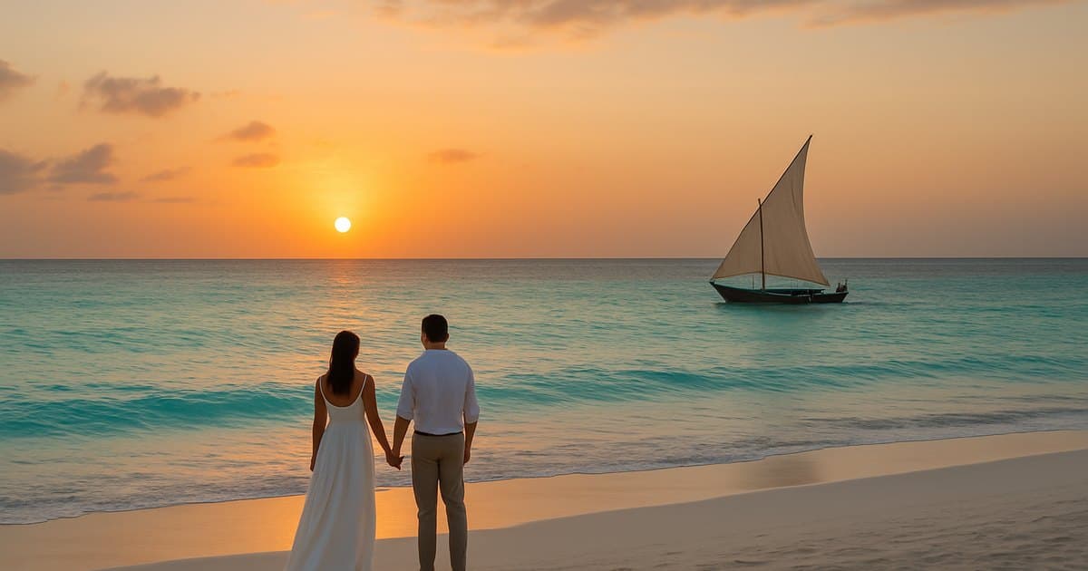 Pareja de recién casados en una playa de Zanzíbar al atardecer, con un dhow navegando