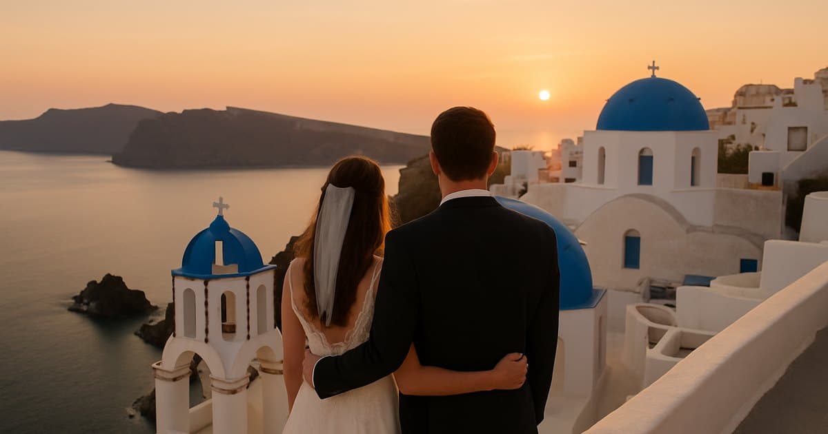 Pareja de recién casados en una terraza de Oia, en Santorini, con las cúpulas azules al atardecer