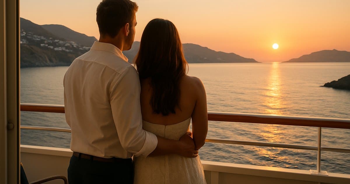 Pareja en el balcón del camarote de un crucero mirando la costa al atardecer