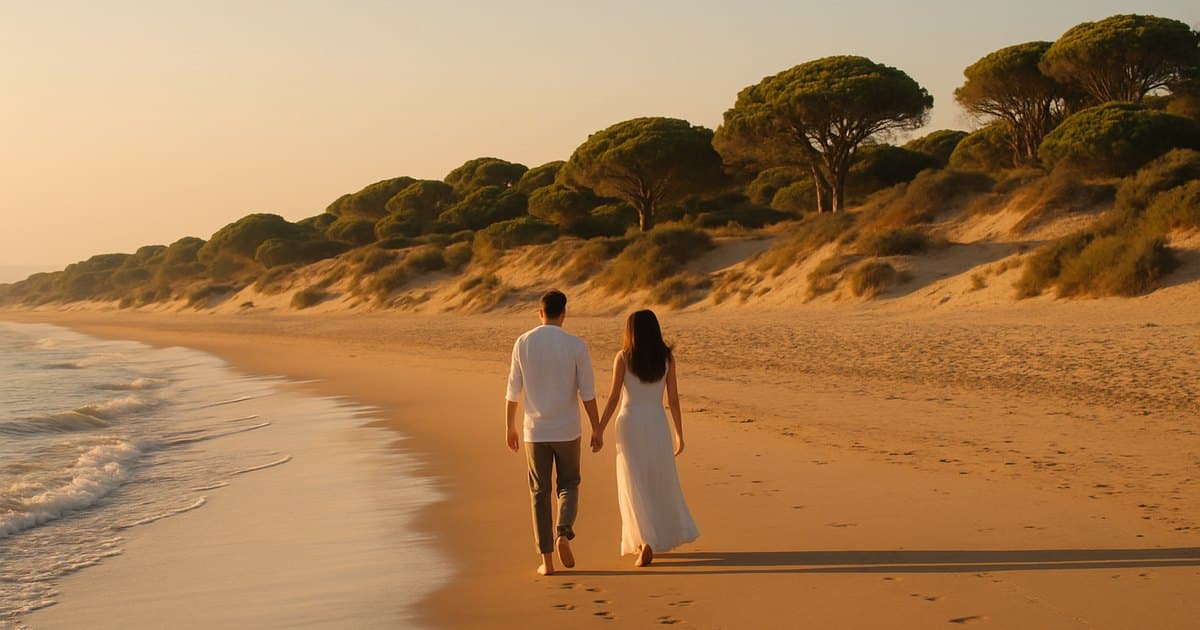 Pareja de recién casados paseando por una playa de dunas y pinos de la Costa de la Luz