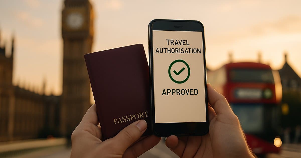 Pasaporte y móvil con la autorización de viaje aprobada delante del Big Ben en Londres