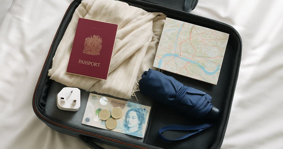 Maleta con pasaporte, adaptador de enchufe británico, libras, paraguas y mapa de Londres