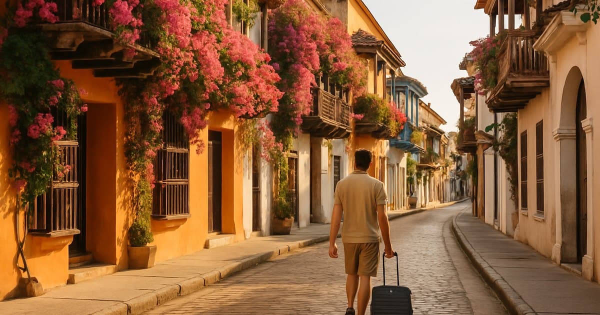 Viajero con maleta en una calle colonial con buganvillas de Cartagena de Indias