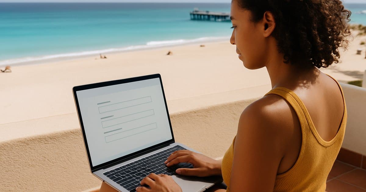 Viajera rellenando un formulario en el portátil frente a la playa de Santa Maria, en Sal