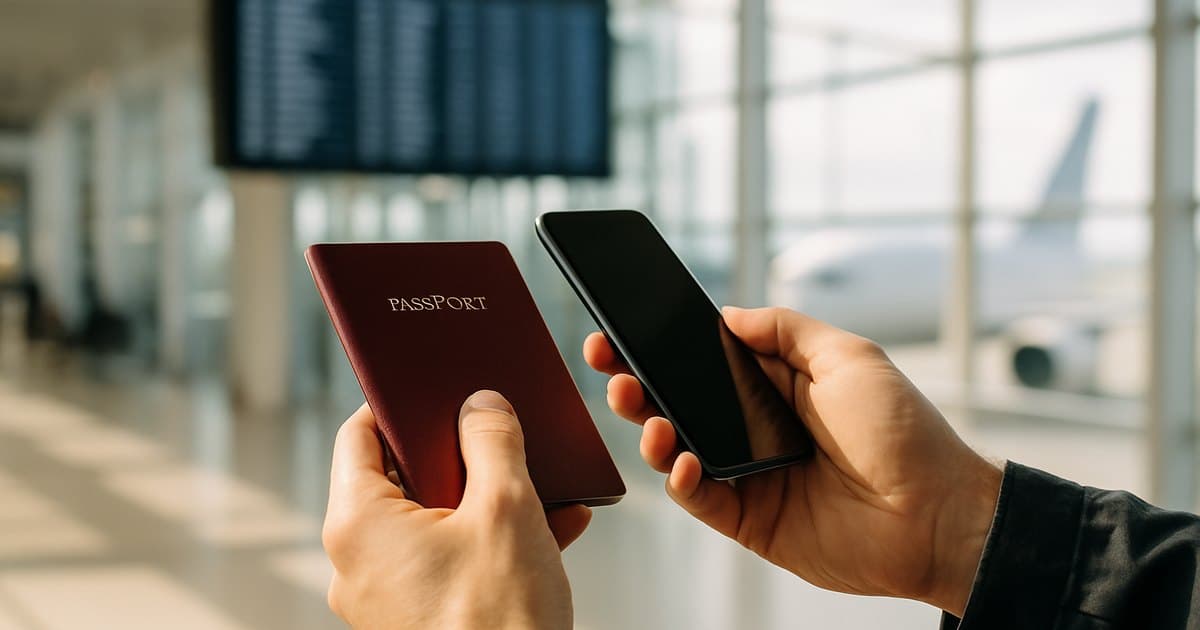 Pasaporte y móvil en la terminal de un aeropuerto antes de volar a Estados Unidos