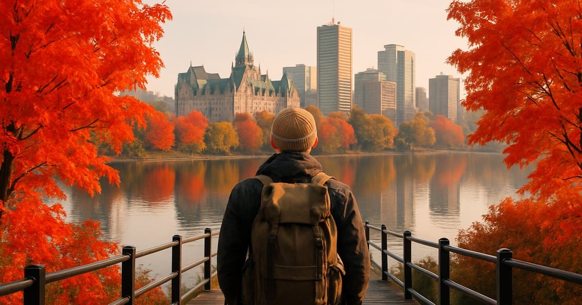 Viajero en una pasarela junto a un lago con árboles de otoño y la ciudad al fondo en Canadá