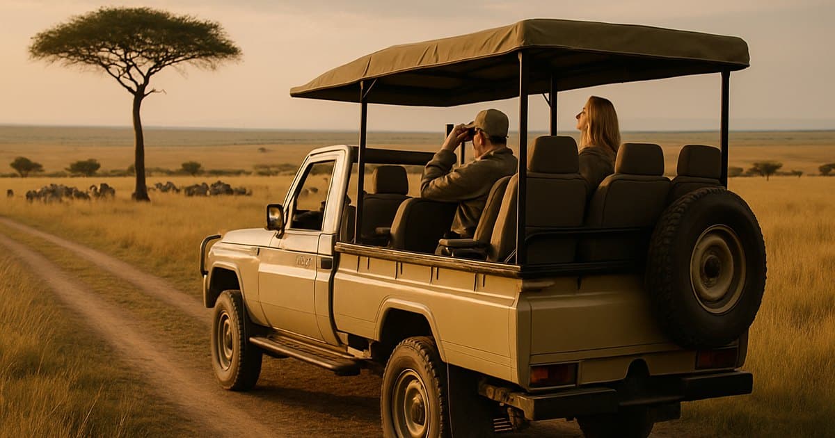 Todoterreno de safari en la sabana de Kenia al atardecer