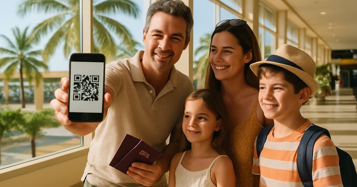 Familia enseñando el código QR del móvil al llegar al aeropuerto en República Dominicana